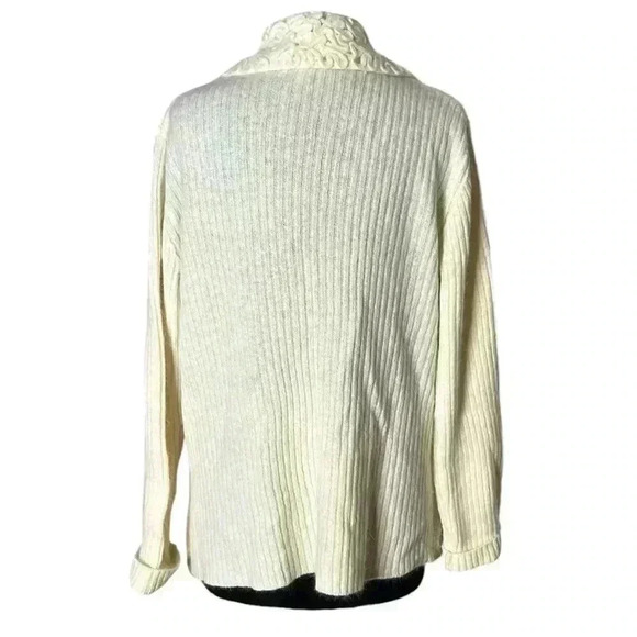 COLDWATER CREEK Vintage Ivory Crochet Ribbed Wool Angora Cardigan Size L - Picture 3 of 10